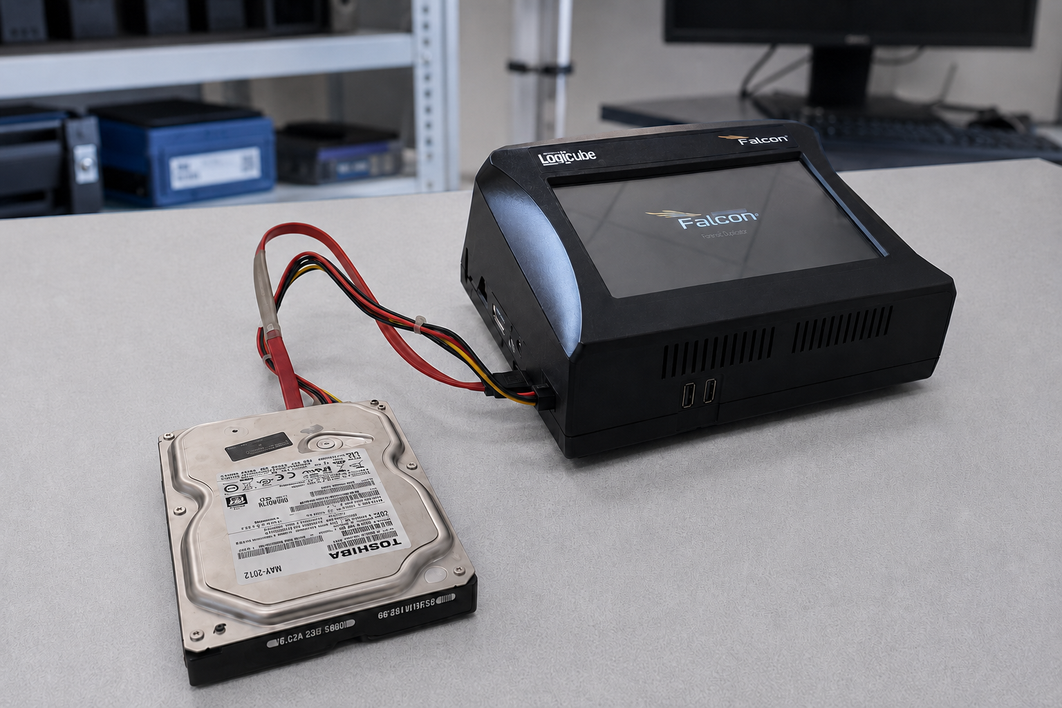 Logicube Falcon collegato a un hard disk durante un’acquisizione forense
