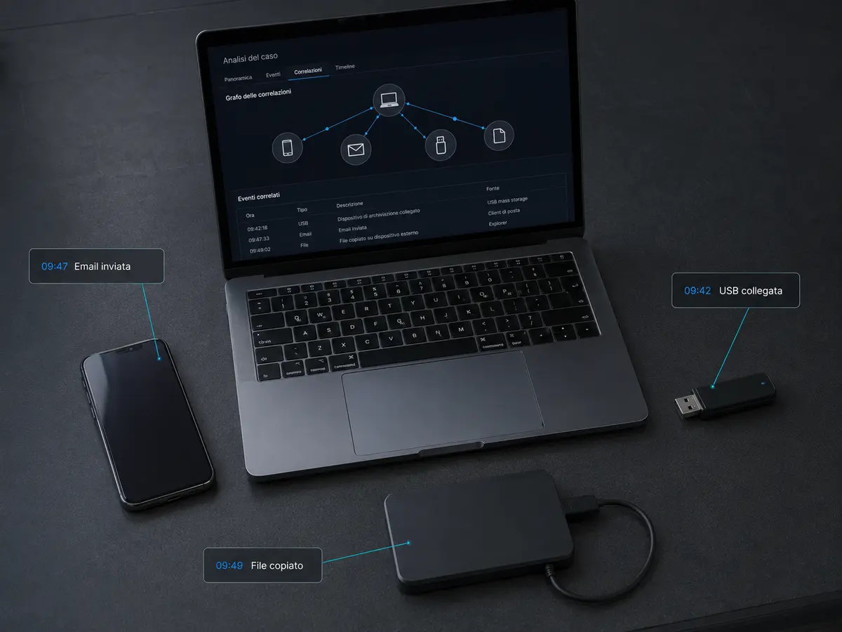 Correlazione tra computer, smartphone, memoria USB e disco esterno in un’analisi forense